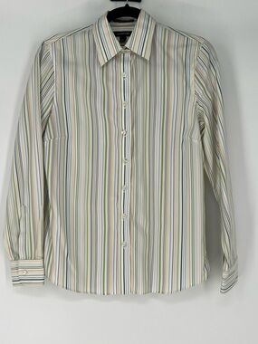 Lands' End Striped Button Down White Shirt - Blue, Green, Tan, Gray